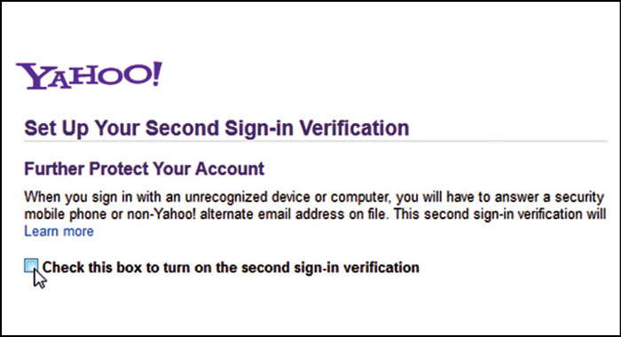 Fig. 16: Enabling two-step verification for a Yahoo! account (Credit: Yahoo!)