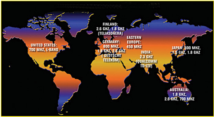 LTE around the world (Courtesy: www.wirelessweek.com/Articles/2011/02/LTE-Across-Spectrum/)