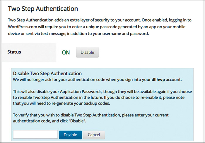 Fig. 18.1: Two-step verification for a WordPress account (Credit: WordPress)