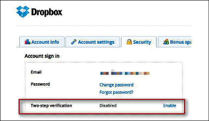 Fig. 15: Enabling two-step verification for a Dropbox account (Credit: Dropbox)