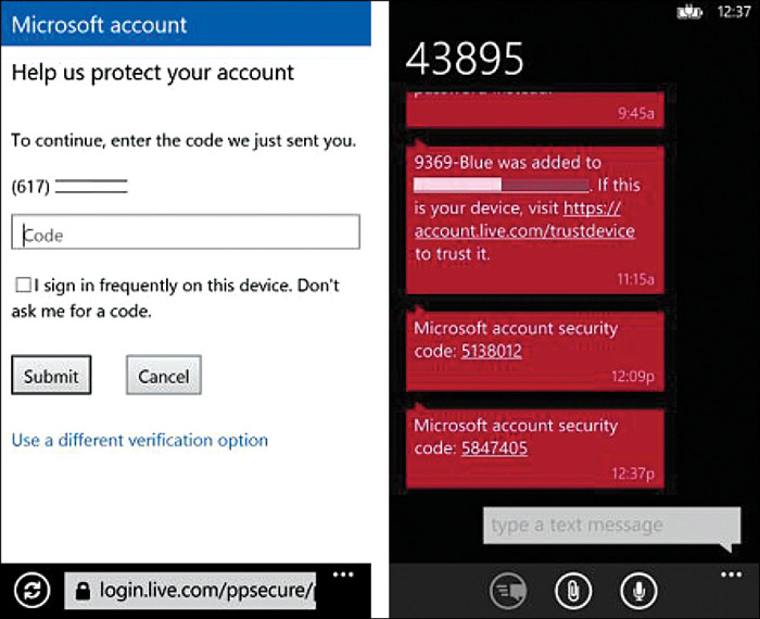 Fig. 14.2: Security code received on Windows phone (Credit: Microsoft/Windows Phone)