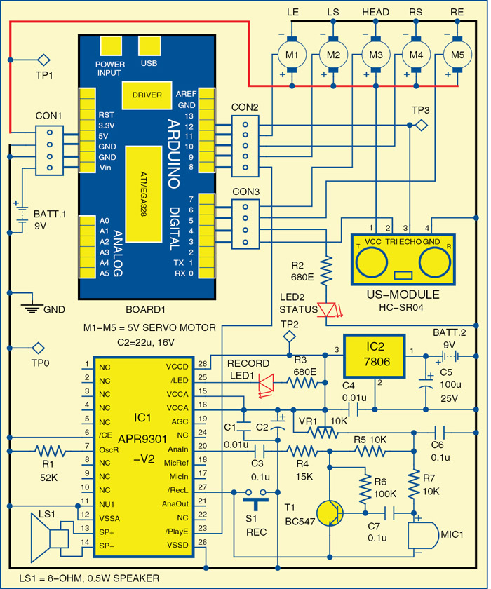 Fig. 2: Circuit diagram of the Arduino-controlled namaste greeting robot