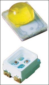 On top is a standard LED, and the bottom of the image shows a high-power LED that provides approximately three-times-higher light output and in a package that is half the size of a standard LED’s package
