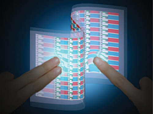 Fig. 16: An artistic illustration of an interactive e-skin device where intensity of the emitted light corresponds to how hard the surface is pressed 