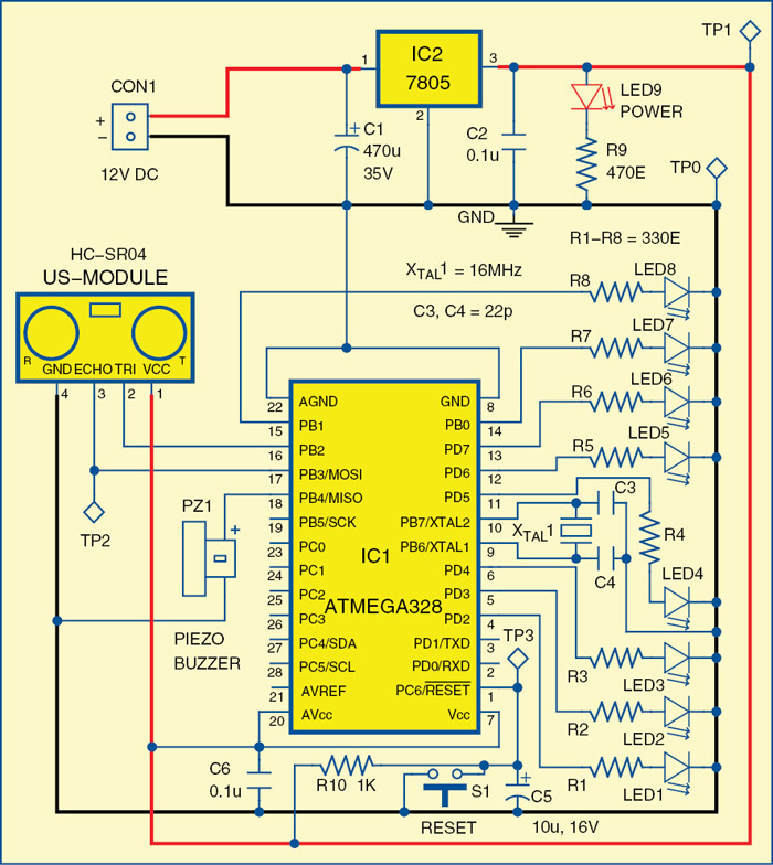 Fig. 1: Circuit diagram of the car-reversing audio visual alarm