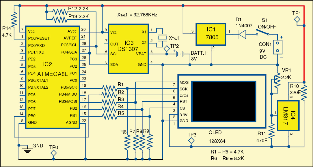 Fig. 2: Circuit of solar compass with OLED display