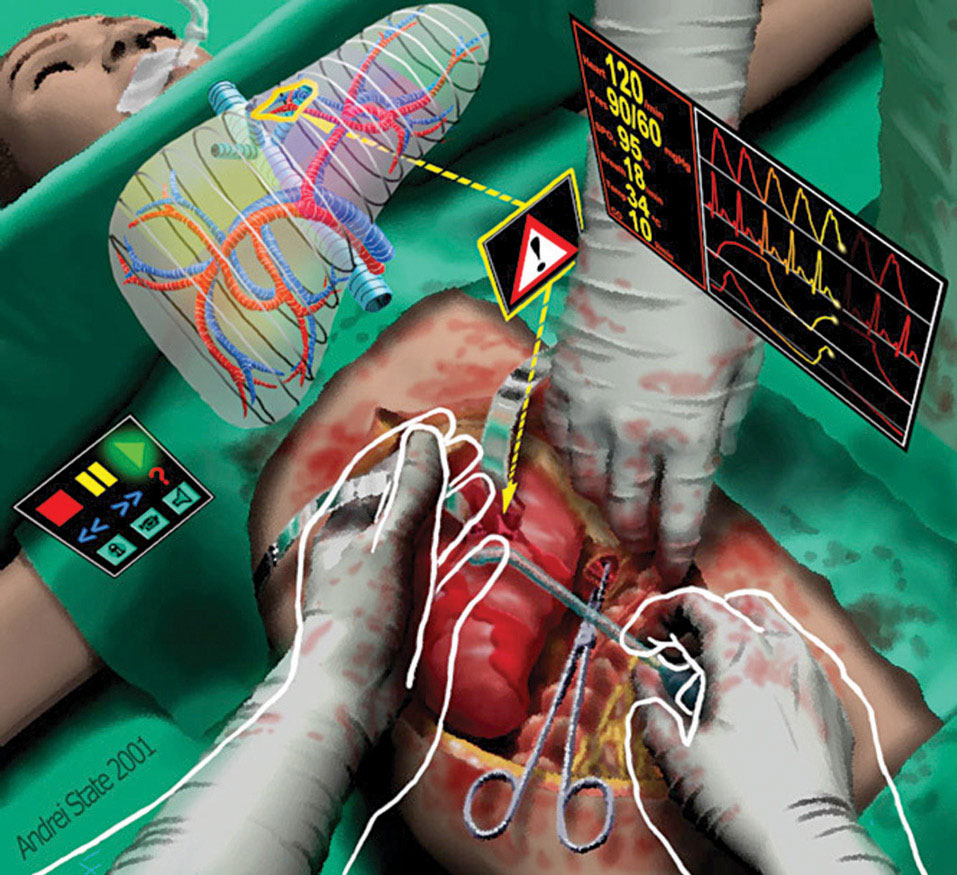 Fig. 3: Captured scene rendered from reconstructed 3D geometry mimicking the surgeon (Source: http://graphics.cs.brown.edu/research/telei/teleImmersionApplications.html)