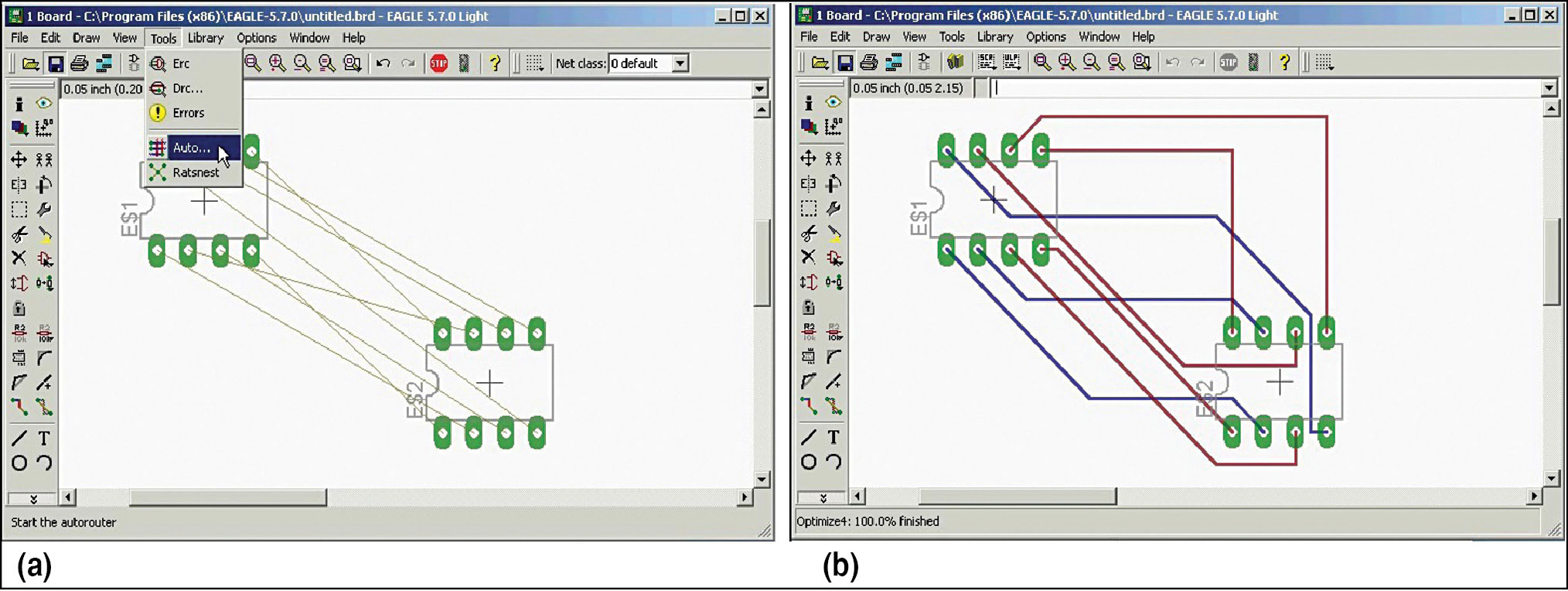 Fig. 2: Make your design route by itself: (a) before autorouting, and (b) after autorouting (Image courtesy: www.youtube.com)
