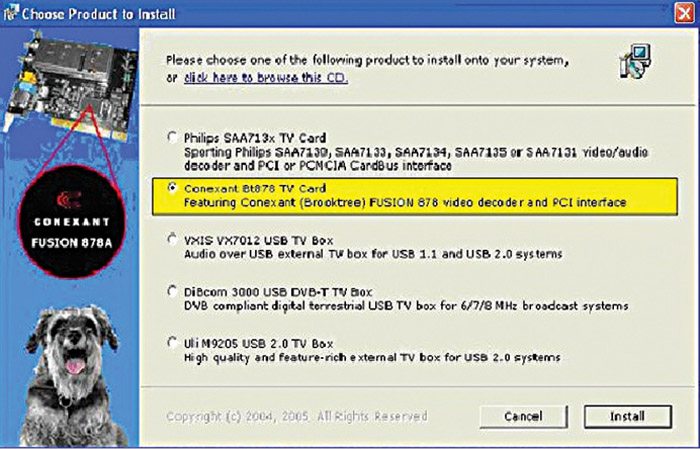 Fig. 5: Installation of PixelView PCI TV tuner card driver for Conexant BT878