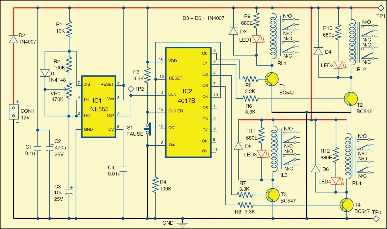 Circuit diagram of the four-channel video and audio sequencer