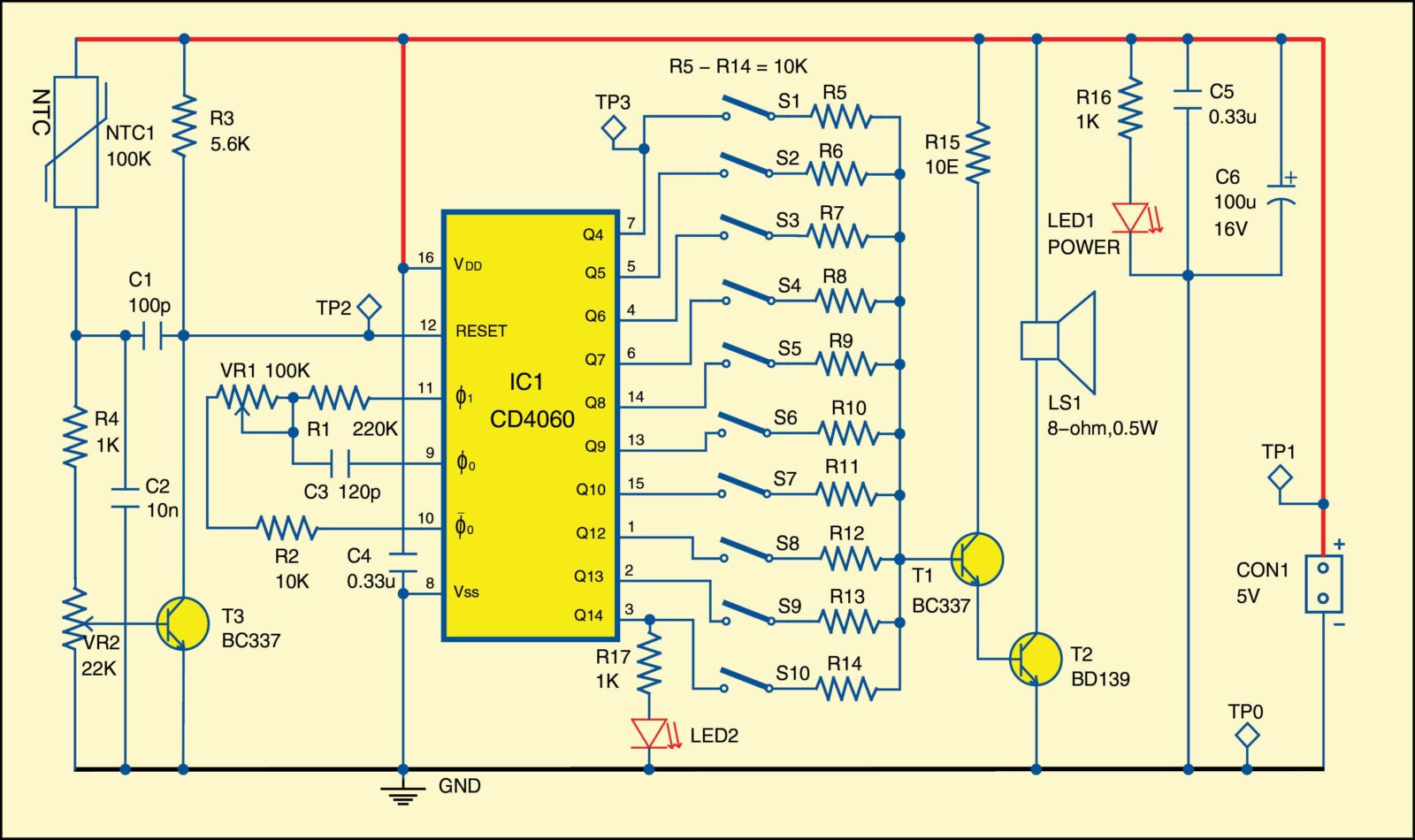 Circuit diagram of multi-tone configurable alarm