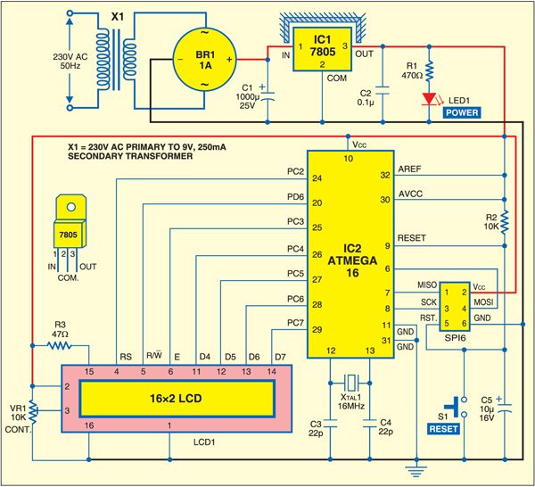  Fig. 1: Circuit for AVR microcontroller-based moving-message display on the LCD
