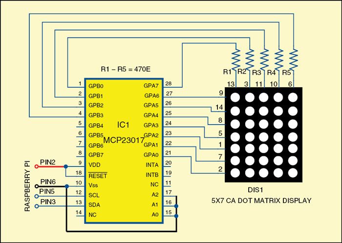 Circuit diagram of 5X7 dot-matrix display | Interfacing Dot Matrix LED With Raspberry Pi