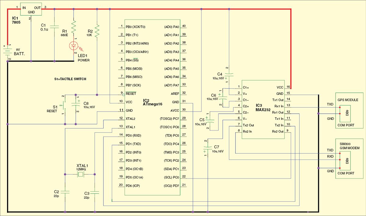 Circuit Diagram for Vehicle Tracking System using GPS 