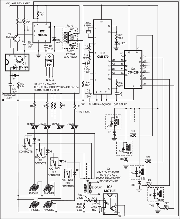 9-Line Telephone Sharer circuit diagram