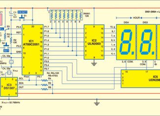 Fig. 1: Circuit of microcontroller based clock using DS1307
