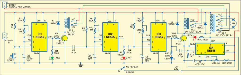 Sequential timer for DC motor control circuit