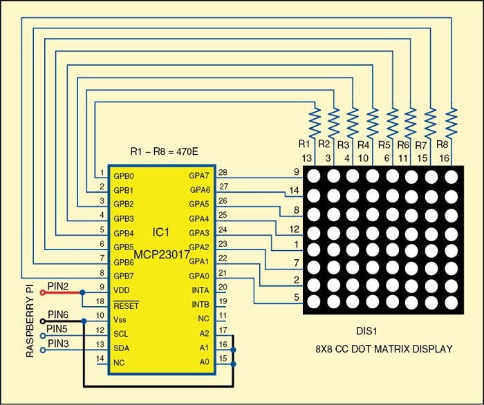 Circuit of 8x8 dot-matrix display | Interfacing Dot Matrix LED With Raspberry Pi