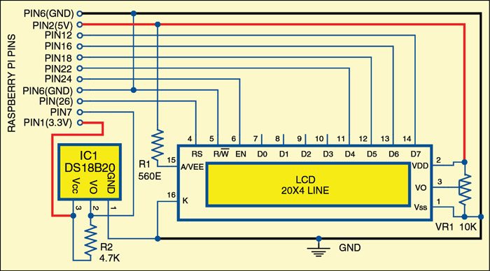 Fig. 3: Connection scheme for multifunction LCD clock with Raspberry Pi