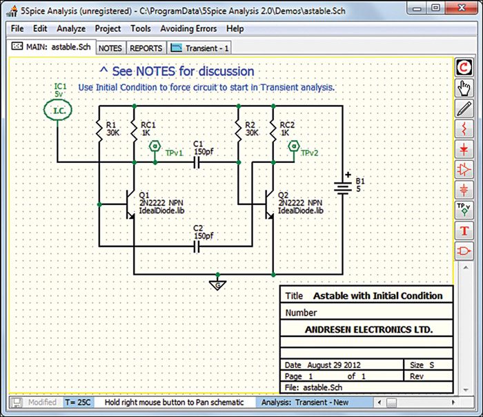 Demo schematic of astable circuit on 5Spice