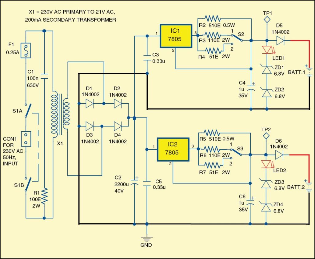 Circuit of the simple device maintaining two 12V rechargeable batteries | Device for Maintaining Car Batteries