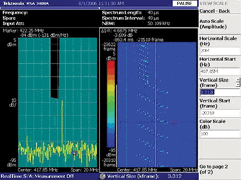 Fig. 2: A fast hopped signal captured by a real-time spectrum analyser. The left side displays the user-defined frequency mask trigger, while the right spectrogram displays the captured hopping signal