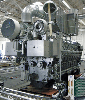Fig. 4: A shipboard diesel engine with many temperature sensors to monitor its operation. Using a PXI chassis, these sensors are simulated when testing the engine control