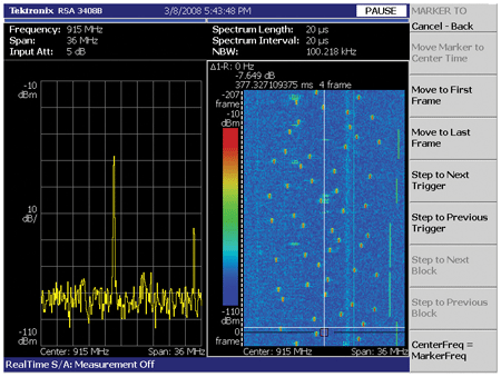 Fig. 4. Timing measurements of a 377ms hopping/burst signal, using markers in the spectrogram display (on the right), with an RTSA