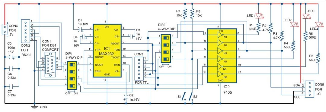 Fig. 1 Circuit of configurable RS232 to TTL to I2C adaptor
