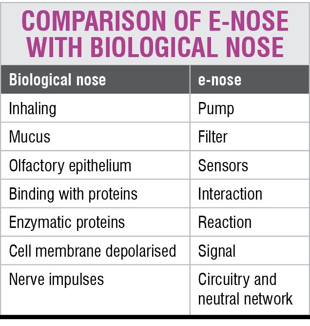 Tablular comparison electronic nose biological nose