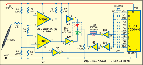 Fig. 1: Circuit for audible logic probe