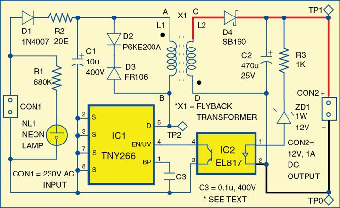 Fig. 2: Circuit of the 1A, 12V SMPS