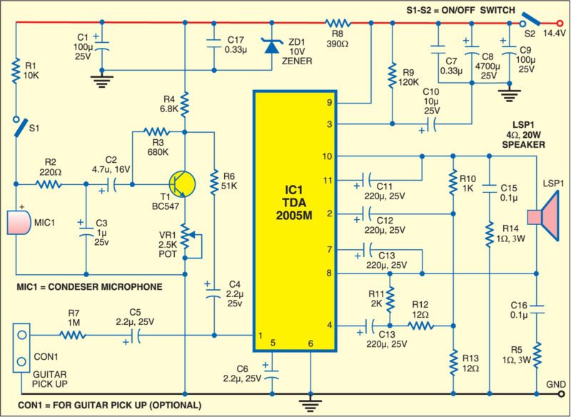 Guitar and Microphone Amplifier Using TDA2005M