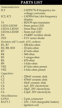 Parts List for RPM meter circuit