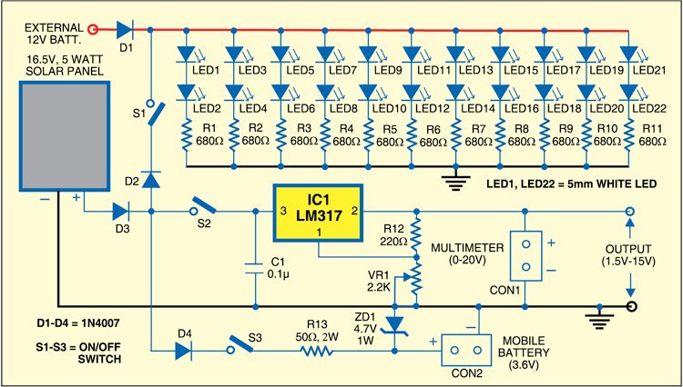 Circuit for Solar Lamp With Variable Power Supply And Charger