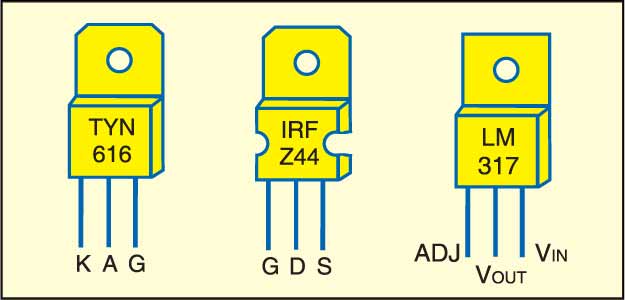 Pin configurations of TYN616, IRFZ44 and LM317