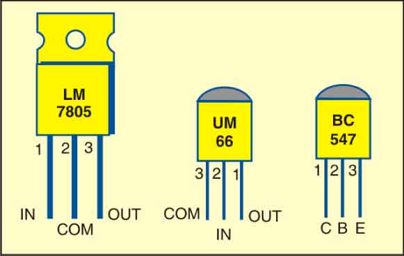 Fig. 2: Pin configurations of LM7805, UM66 and BC547