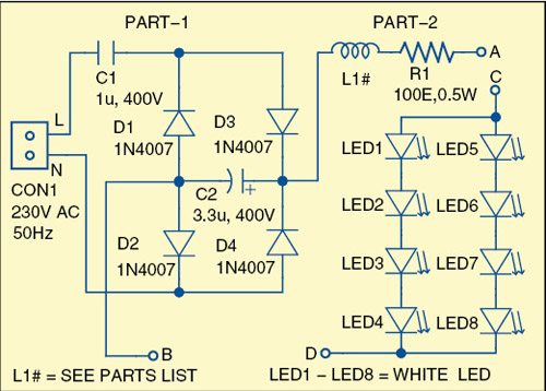 Fig. 1: Circuit diagram of the illuminated optical magnifier