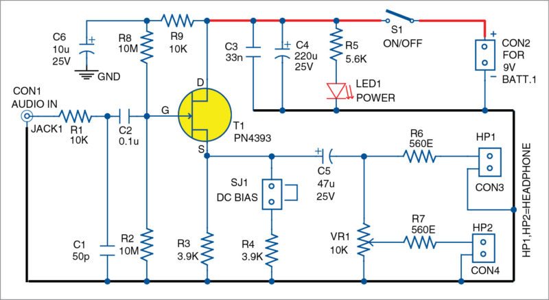 Circuit diagram of the high impedance audio buffer with JFET