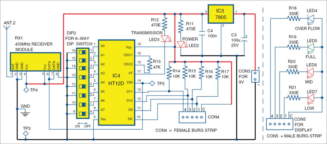wireless water level indicator circuit: receiver unit
