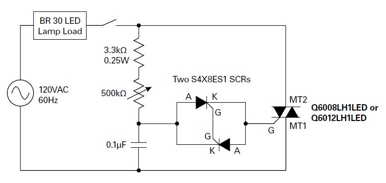 Figure 1. Dimmer circuit for a recessed flood lamp, using two inverse parallel sensitive gate silicon-controlled rectifiers (SCRs)