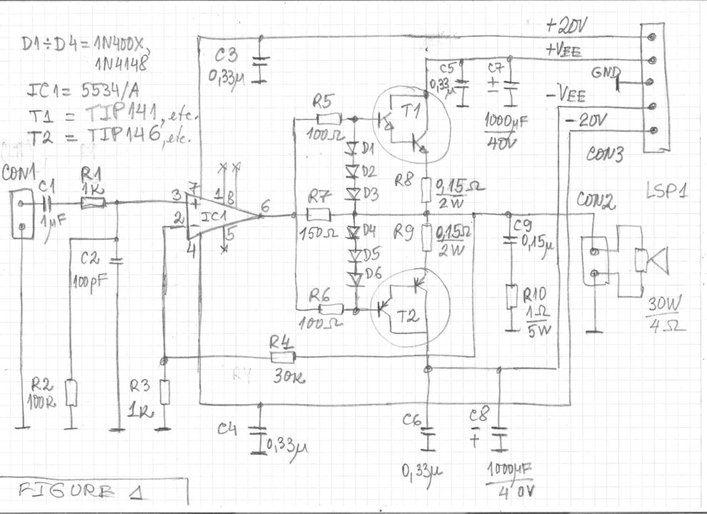 Simple Audio Power Amplifier With NE5534/А And Darlington Transistors With Up To 30W Of Output Power