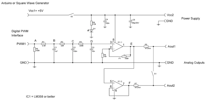 Circuit diagram of the low-cost PWM module with two outputs.