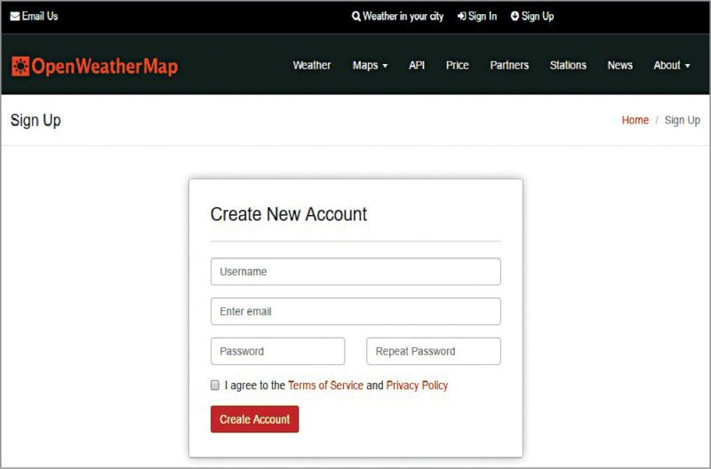 Create new account in OpenWeatherMap