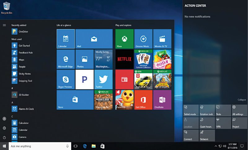 Windows 10 version 1607, showing Start menu and Action Center (Image courtesy: en.wikipedia.org)
