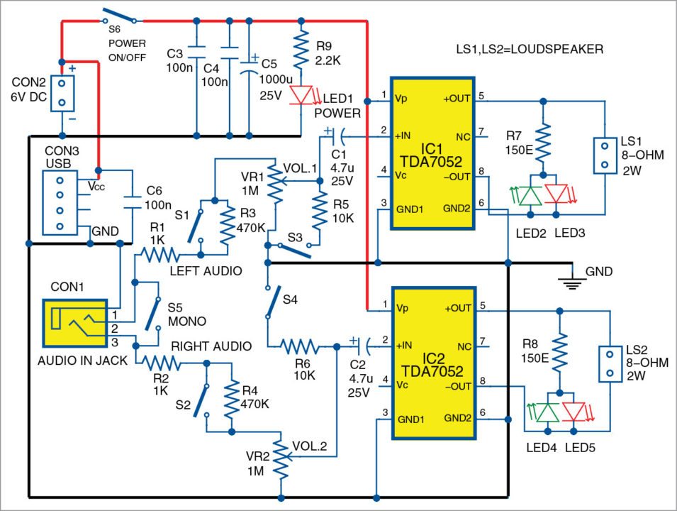 Stereo Amplifier Using TDA7052 ICs For Portable Devices