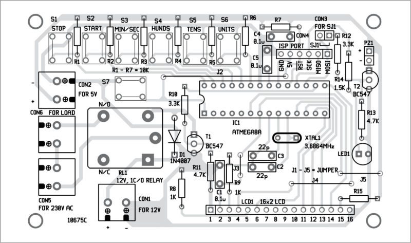 Components layout for the Countdown Timer PCB