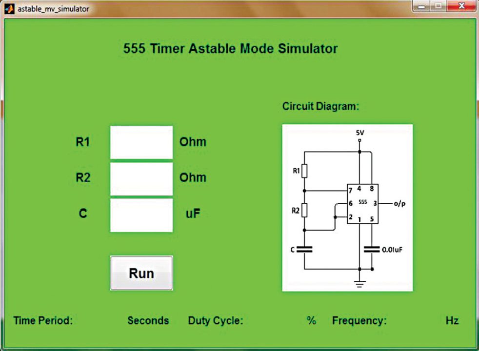 The GUI for the 555 timer astable mode simulator