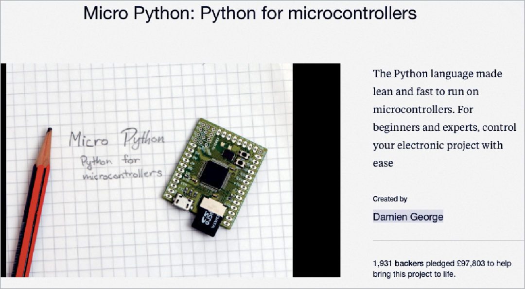 MicroPython Kickstarter campaign page screenshot