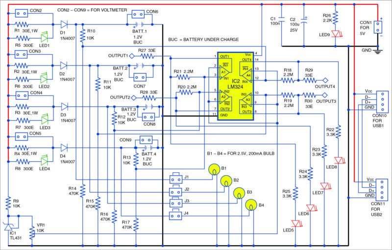 Circuit of battery charger and discharger with USB power supply